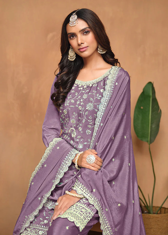 Purple Embroidered Palazzo Suit