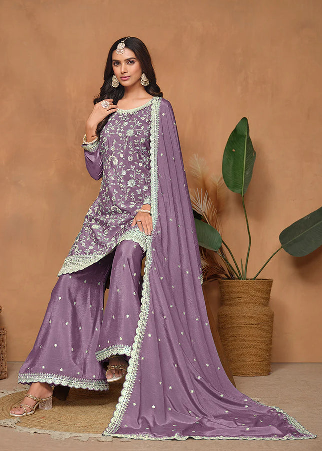 Purple Embroidered Palazzo Suit