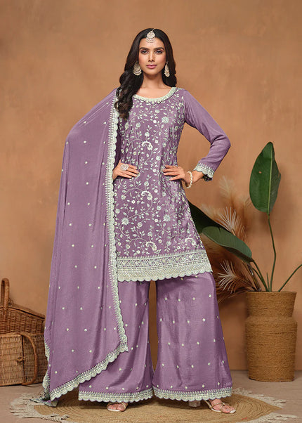 Purple Embroidered Palazzo Suit