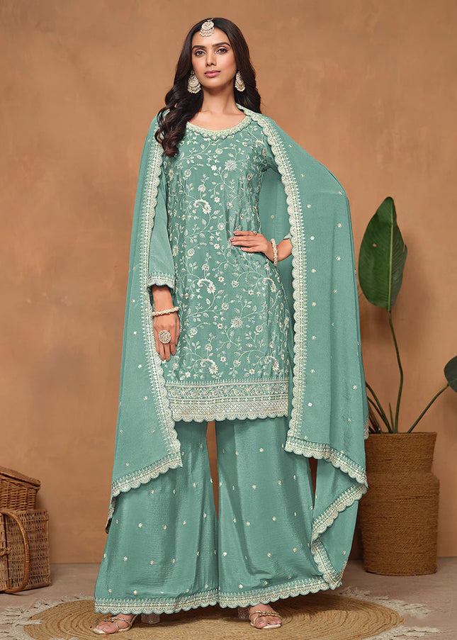 Teal Blue Embroidered Palazzo Suit