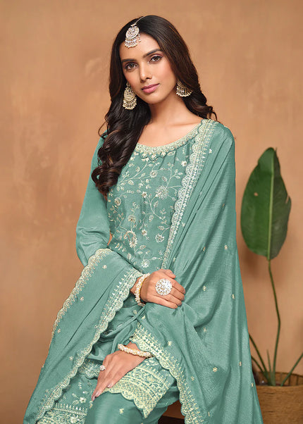 Teal Blue Embroidered Palazzo Suit