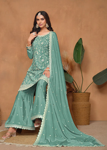 Teal Blue Embroidered Palazzo Suit