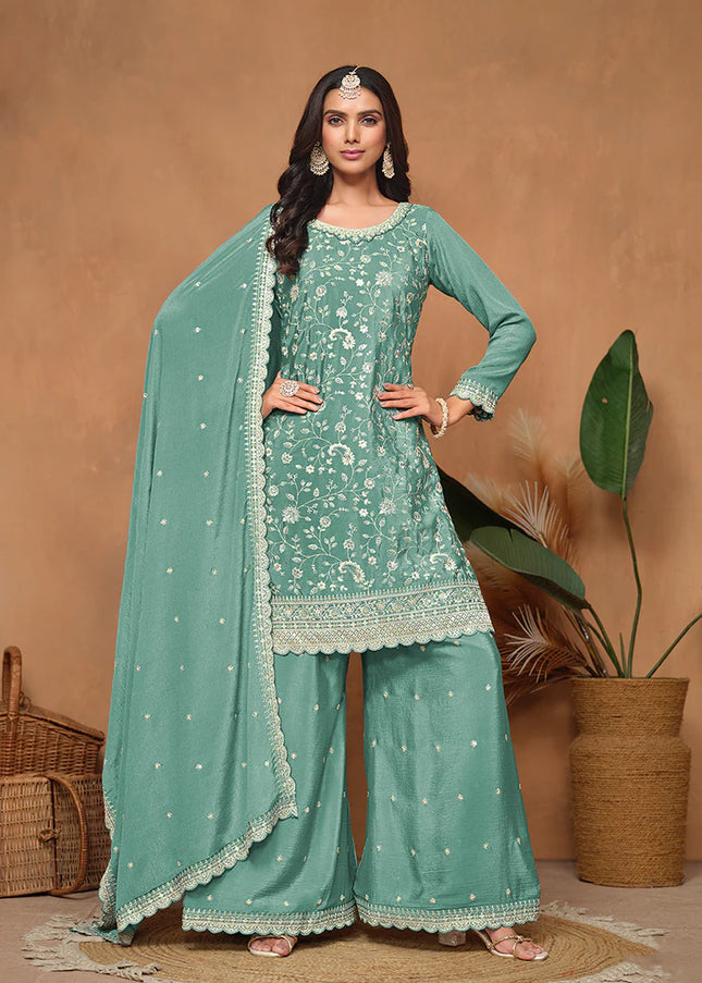 Teal Blue Embroidered Palazzo Suit