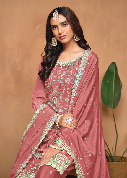 Pink Embroidered Palazzo Suit