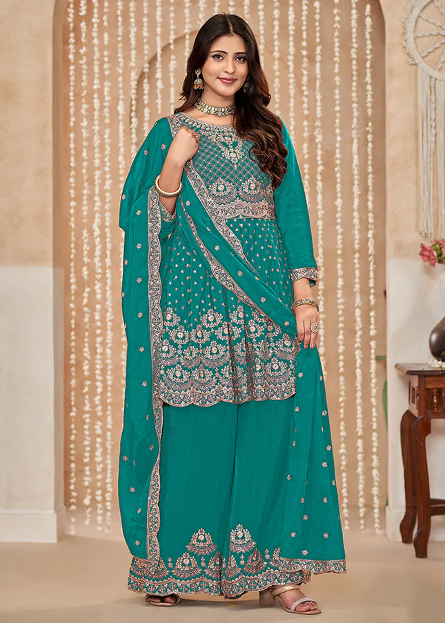 Turquoise Embroidered Sharara Suit