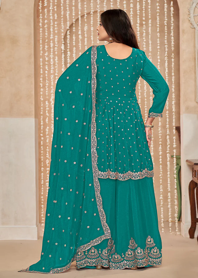 Turquoise Embroidered Sharara Suit