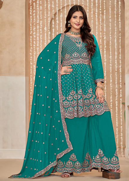 Turquoise Embroidered Sharara Suit