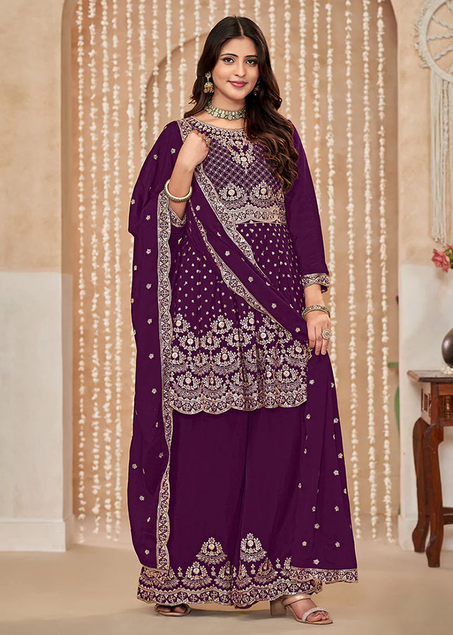 Purple Embroidered Sharara Suit