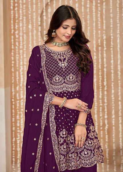 Purple Embroidered Sharara Suit