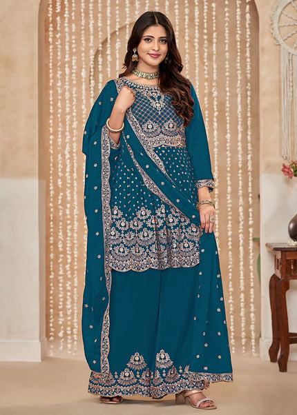 Blue Embroidered Sharara Suit