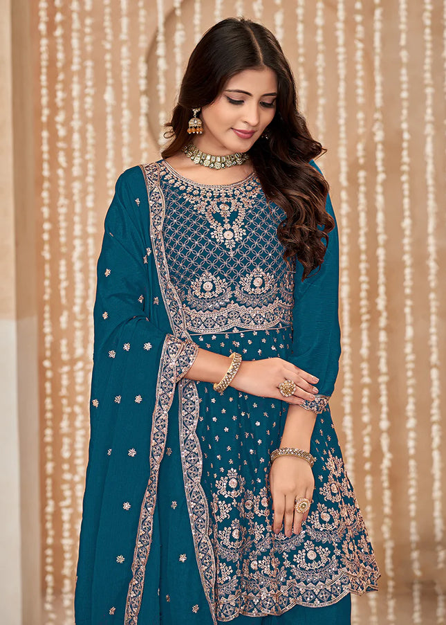 Blue Embroidered Sharara Suit