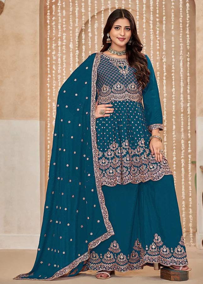 Blue Embroidered Sharara Suit