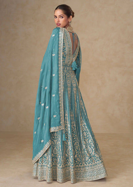 Turquoise Embroidered Lehenga Anarkali