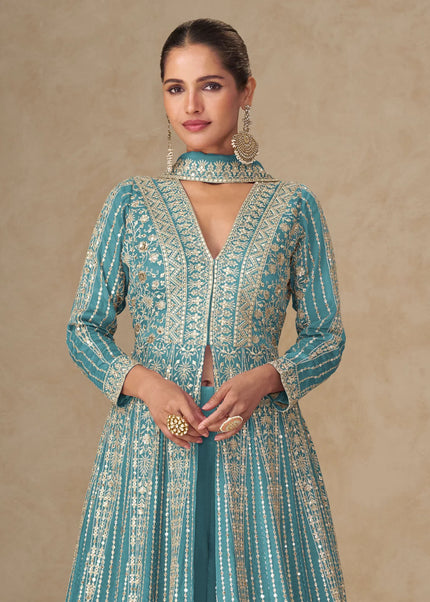 Turquoise Embroidered Lehenga Anarkali