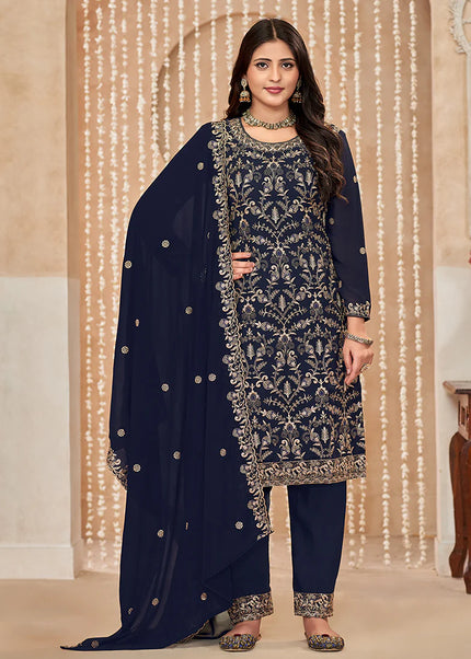 Navy Blue Embroidered Pant Style Suit