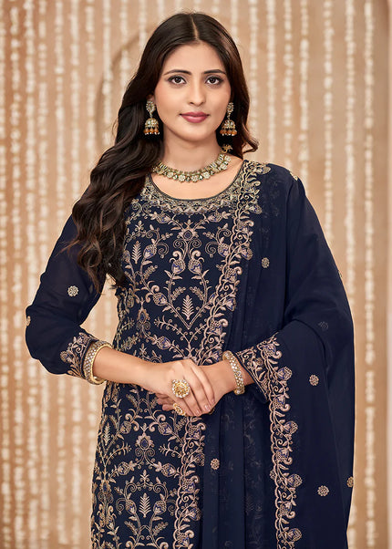 Navy Blue Embroidered Pant Style Suit