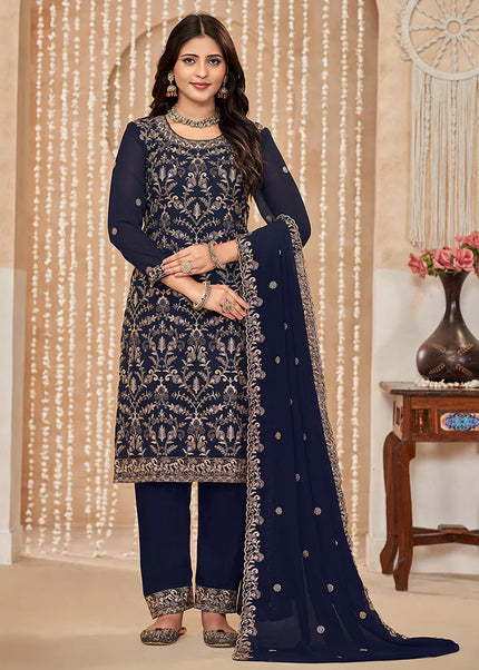 Navy Blue Embroidered Pant Style Suit
