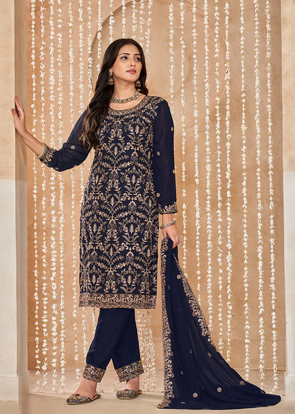 Navy Blue Embroidered Pant Style Suit