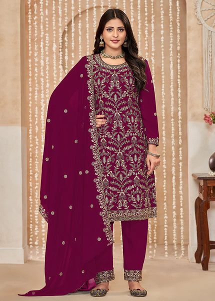 Maroon Embroidered Pant Style Suit