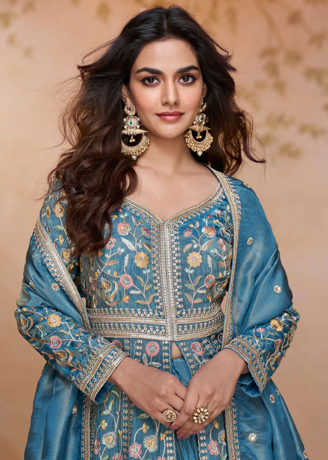 Sky Blue Embroidered Lehenga Anarkali