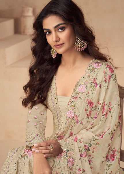 Beige Embroidered Palazzo Suit