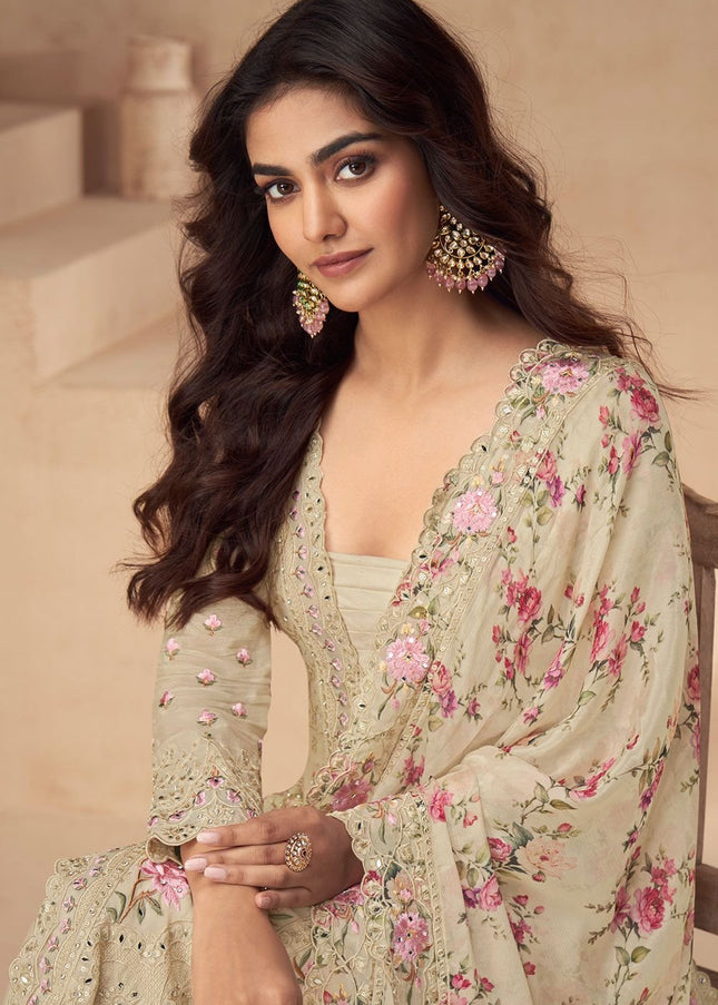 Beige Embroidered Palazzo Suit