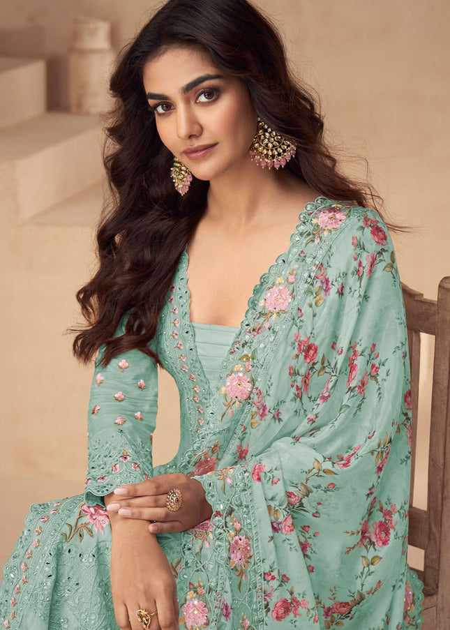 Sea Green Embroidered Palazzo Suit