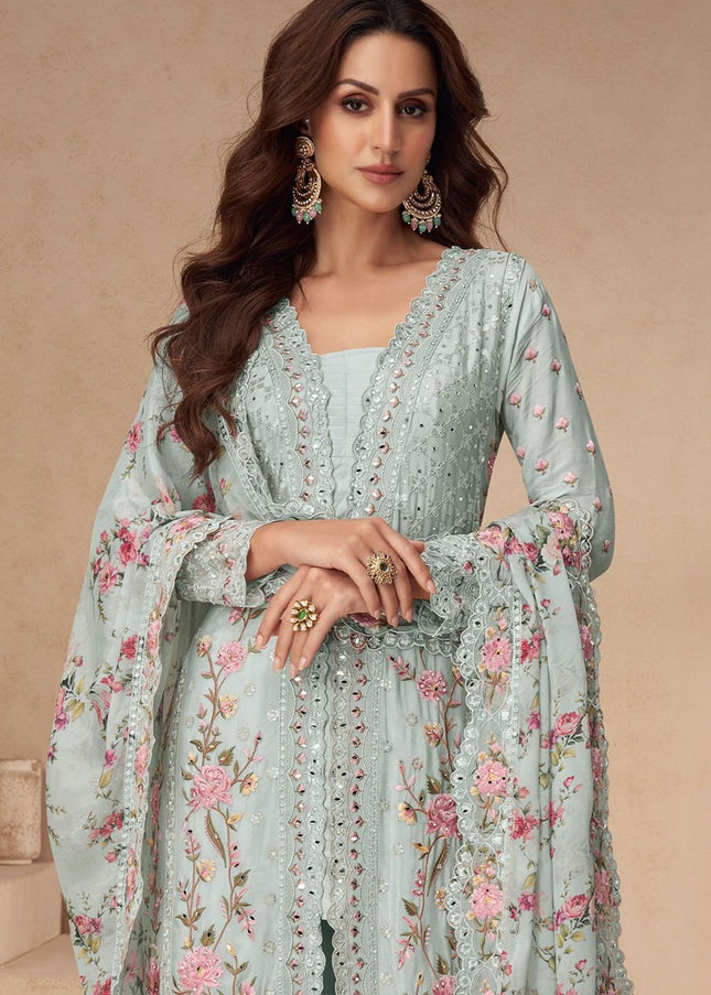 Sky Blue Embroidered Palazzo Suit