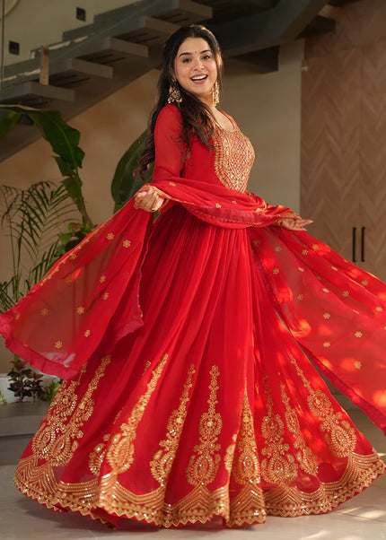 Red Embroidered Anarkali Gown
