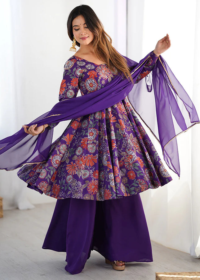 Purple Floral Printed Sharara Suit