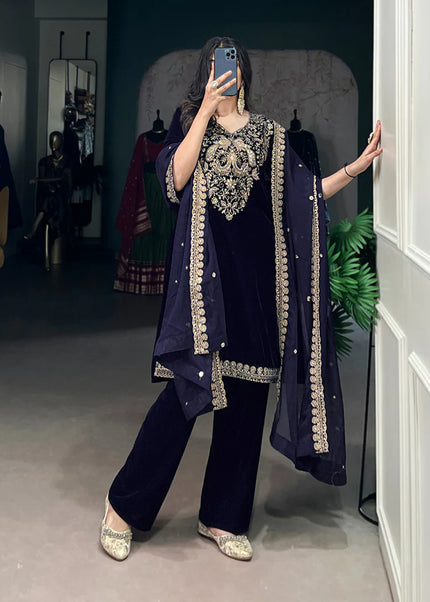 Navy Blue Embroidered Pant Style Suit