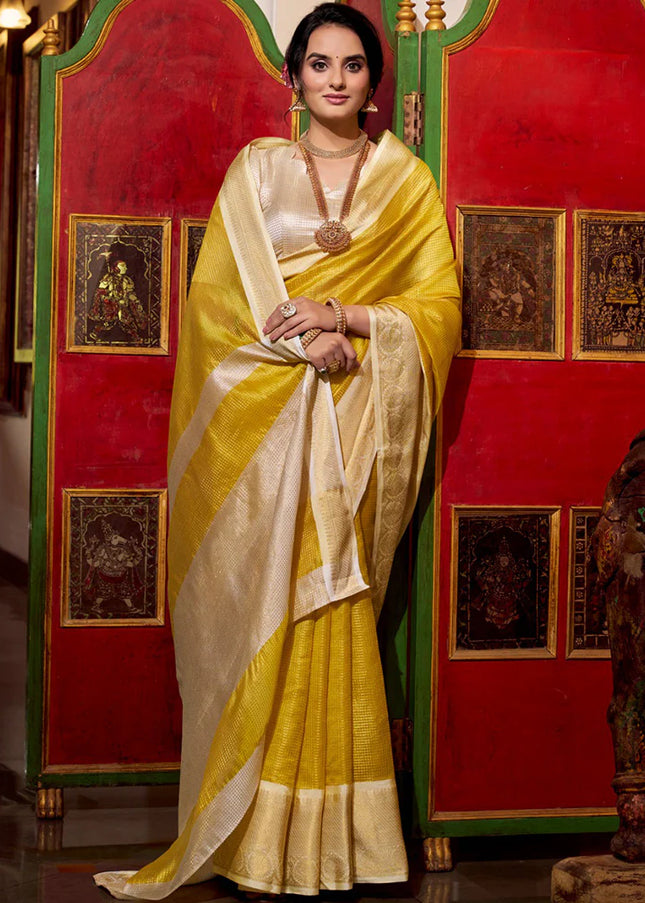 Yellow and Offwhite Embroidered  Saree
