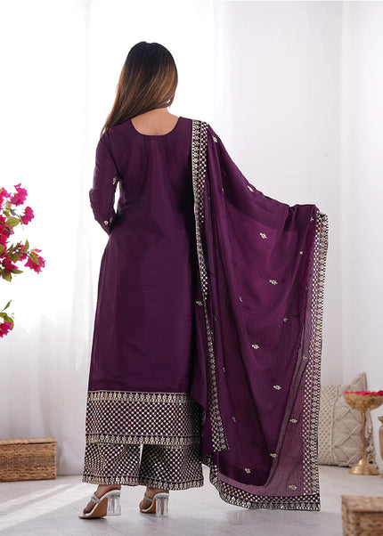 Purple Embroidered Pant Style Suit