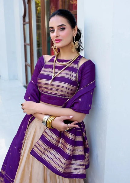 Offwhite and Purple Weaved Lehenga Choli