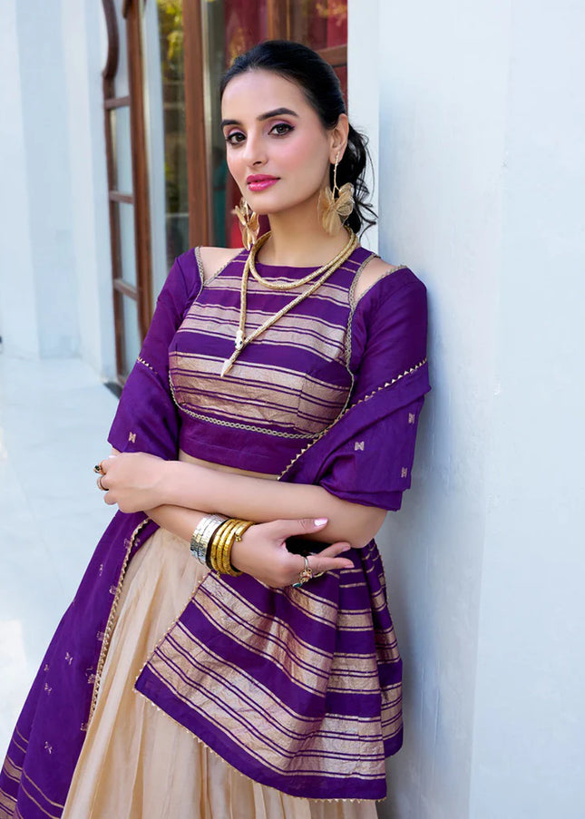 Offwhite and Purple Weaved Lehenga Choli