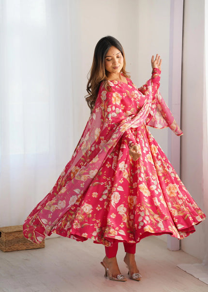 Pink Floral Printed Anarkali Suit