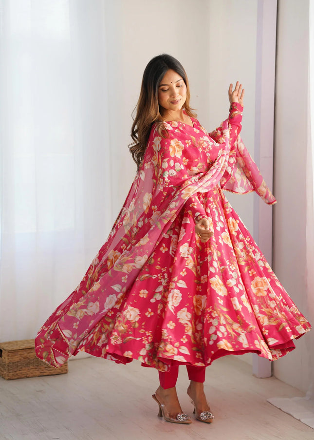Pink Floral Printed Anarkali Suit