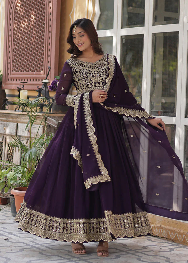 Purple Embroidered Anarkali Gown