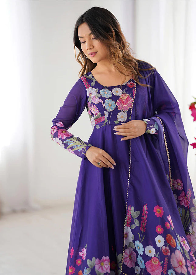 Purple Floral Printed Anarkali Suit
