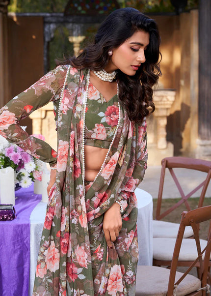 Dark Green Floral Printed Embroidered Saree
