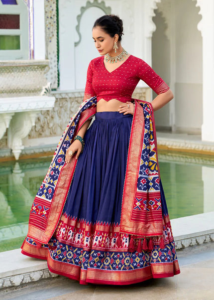 Navy Blue and Red Embroidered Lehenga Choli