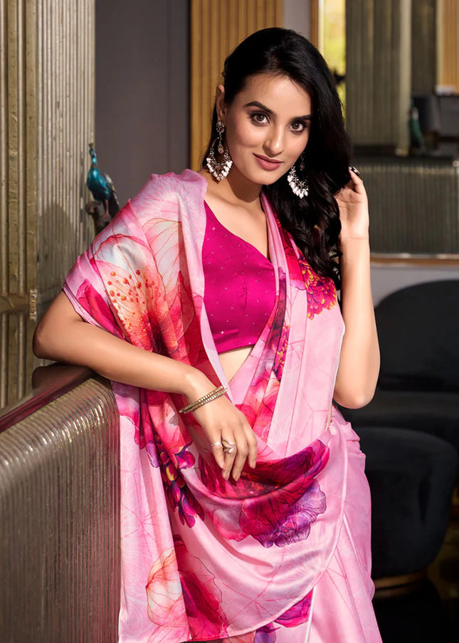 Pink Floral Printed and Embroidered Saree