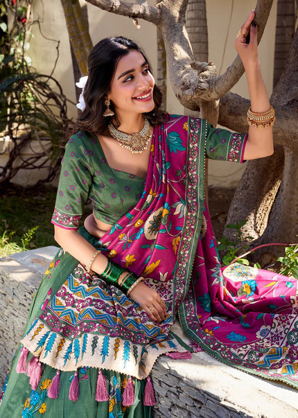 Green Printed and Embroidered Lehenga Choli