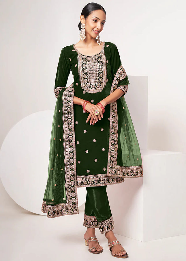 Green Velvet Embroidered Straight Cut Suit