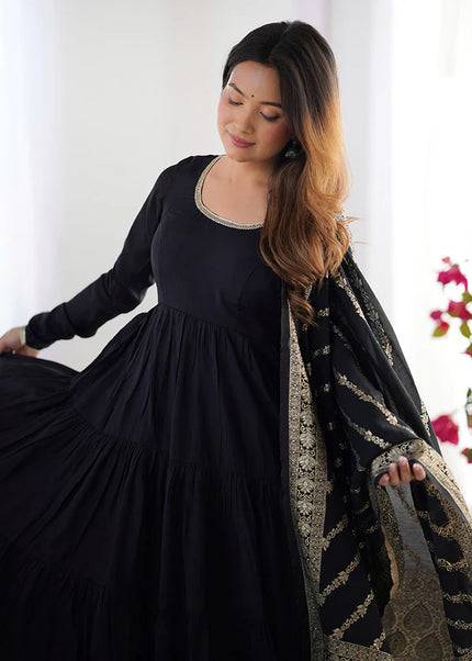 Black Embroidered Flared Anarkali Suit