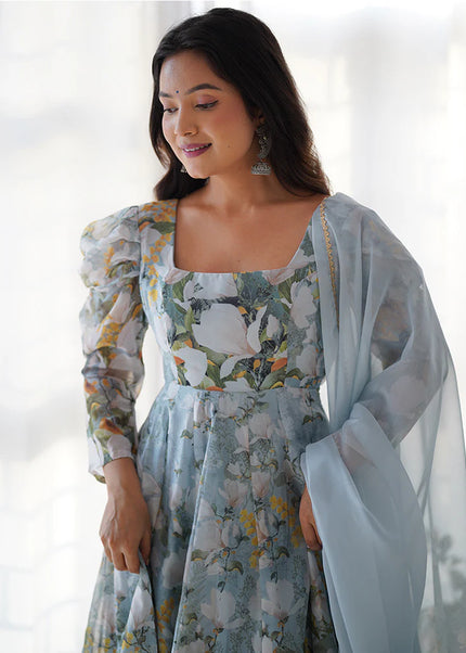 Green Floral Printed Anarkali Suit