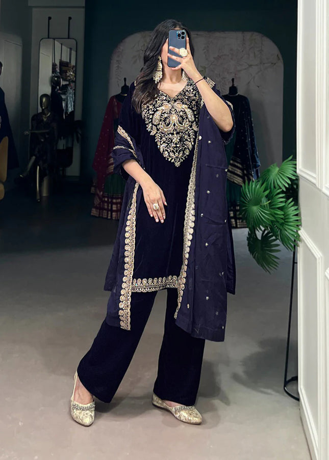 Navy Blue Embroidered Pant Style Suit