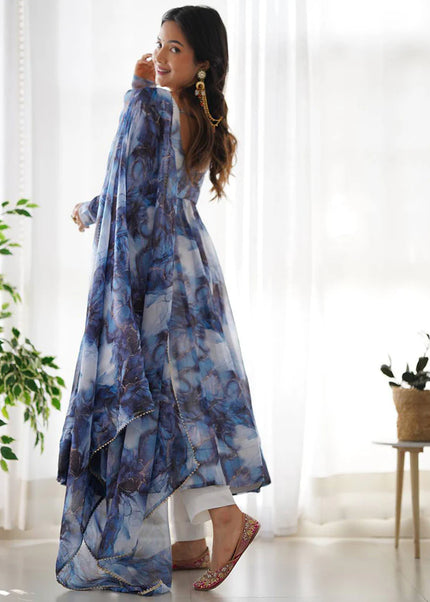 Navy Blue Floral Printed Anarkali Suit