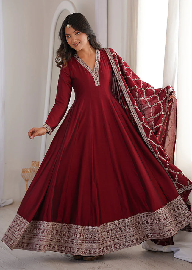 Maroon Embroidered Anarkali Gown