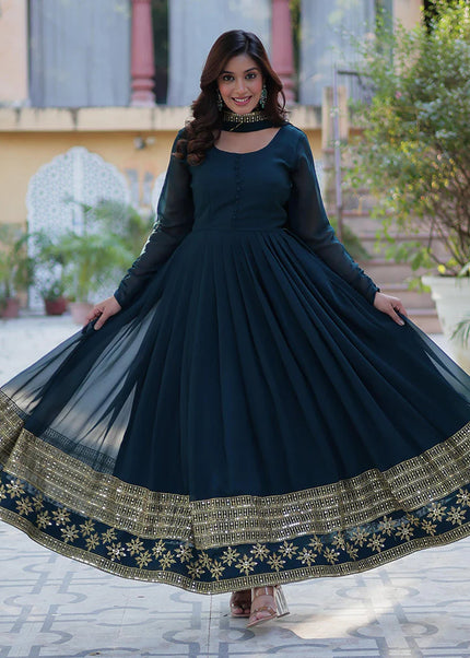 Blue and Gold Embroidered Anarkali Gown